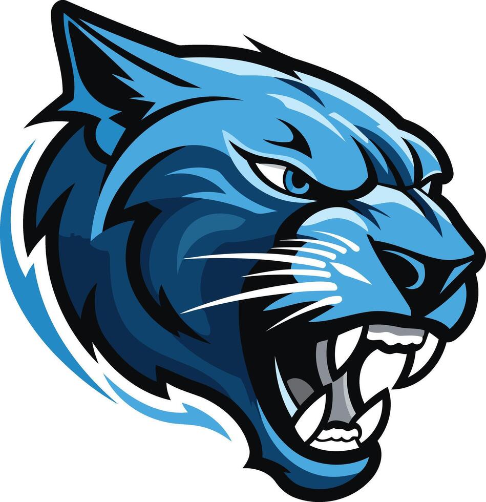 Powerful blue panther mascot head with sharp teeth and fierce expression vector