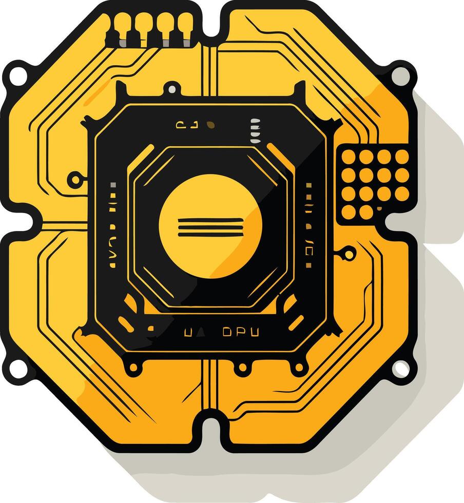A futuristic and abstract illustration of a circuit board with a central processor unit vector