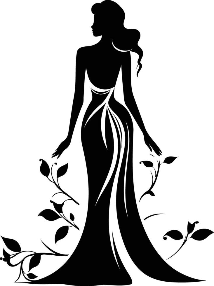 Elegant silhouette of a woman in a flowing gown, adorned with delicate floral details vector