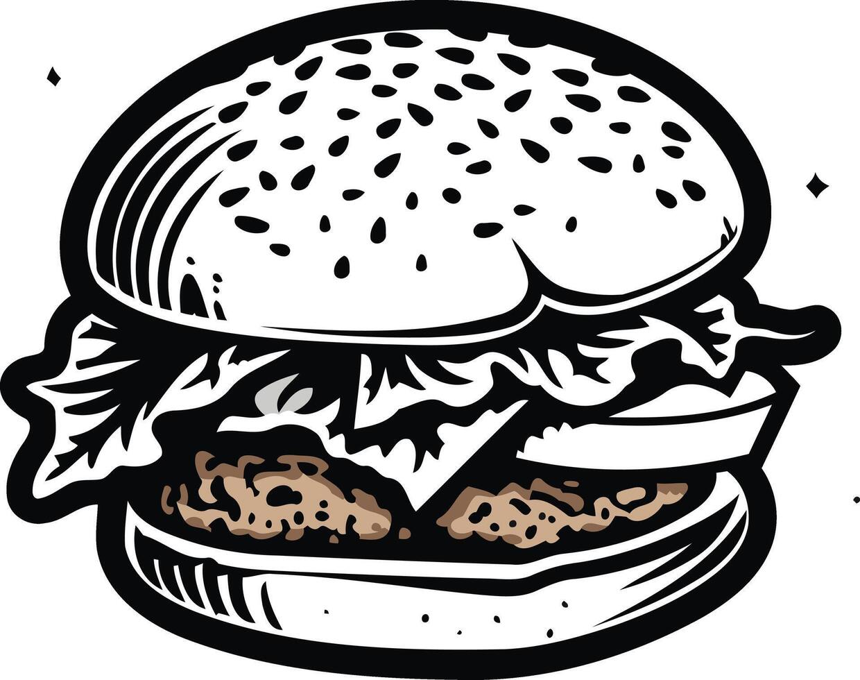 A hand-drawn illustration of a classic burger with lettuce, cheese, and a sesame seed bun vector