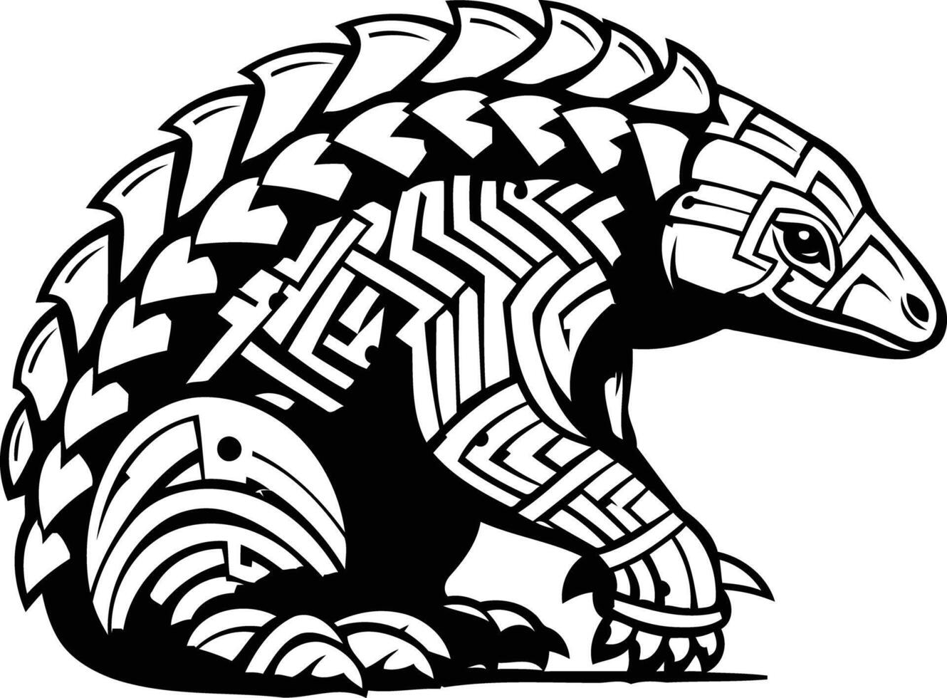 A striking black and white illustration of a pangolin in a tribal tattoo style, perfect for t-shirt designs, branding, or decorative purposes vector
