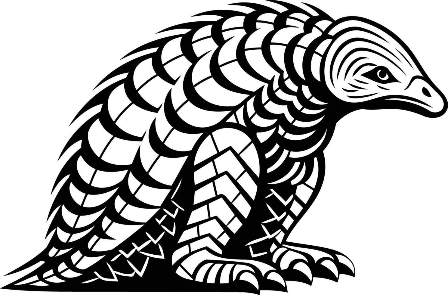 A detailed black and white illustration of a pangolin, a unique and endangered mammal vector