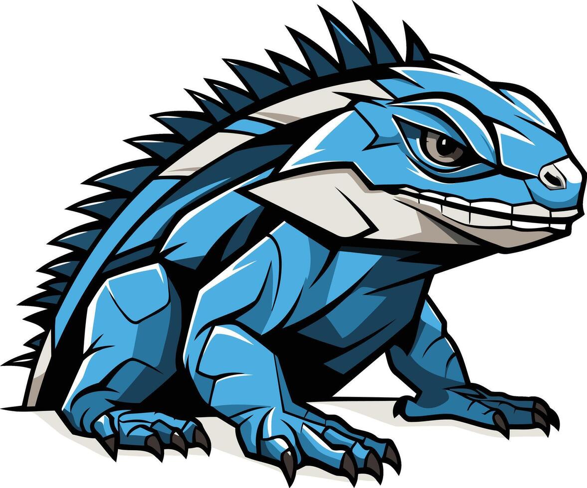 A fierce blue iguana with a determined expression, peeking out from behind a surface vector