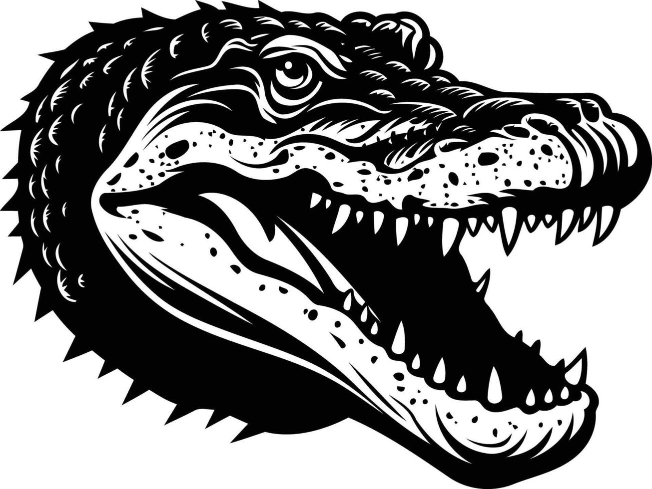 A fierce, detailed black and white illustration of an alligator's head, with its jaws open wide and sharp teeth bared vector