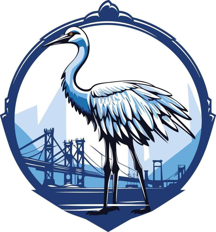 A stylized egret stands in front of a city skyline, perfect for a nature-inspired logo or branding element vector