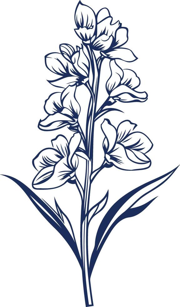 Elegant blue ink illustration of a delicate flower with leaves, perfect for botanical designs, wedding stationery, and feminine branding vector
