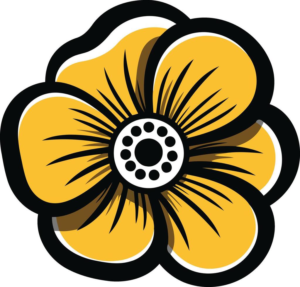 A simple, stylized yellow flower with a black outline vector