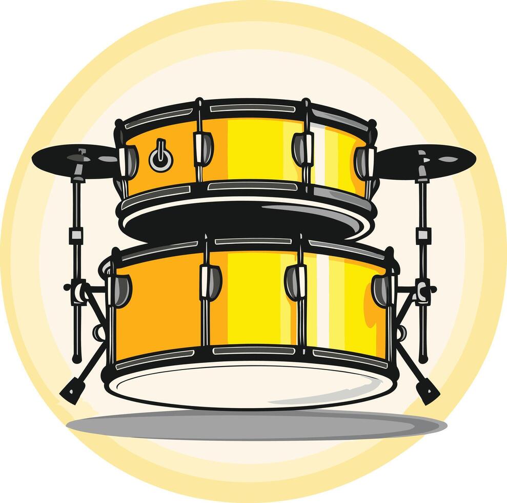 A vibrant yellow drum set, featuring a bass drum and a snare drum, with cymbals and stands, creates a dynamic and energetic visual vector