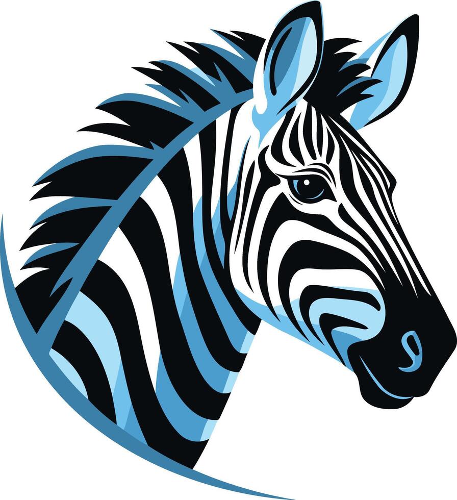 Striking zebra head logo design, featuring a bold black and white pattern with a unique blue accent vector