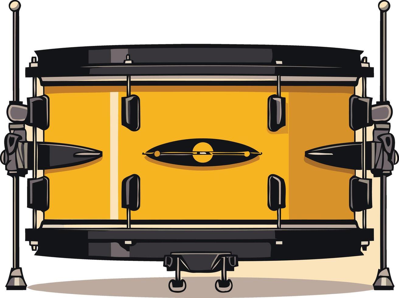 A cartoon illustration of a yellow snare drum with black hardware and a black rim, isolated on a white background vector
