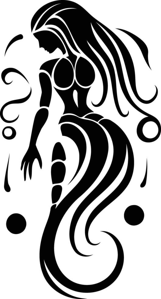 Stylized black and white illustration of a mermaid with flowing hair and tail vector