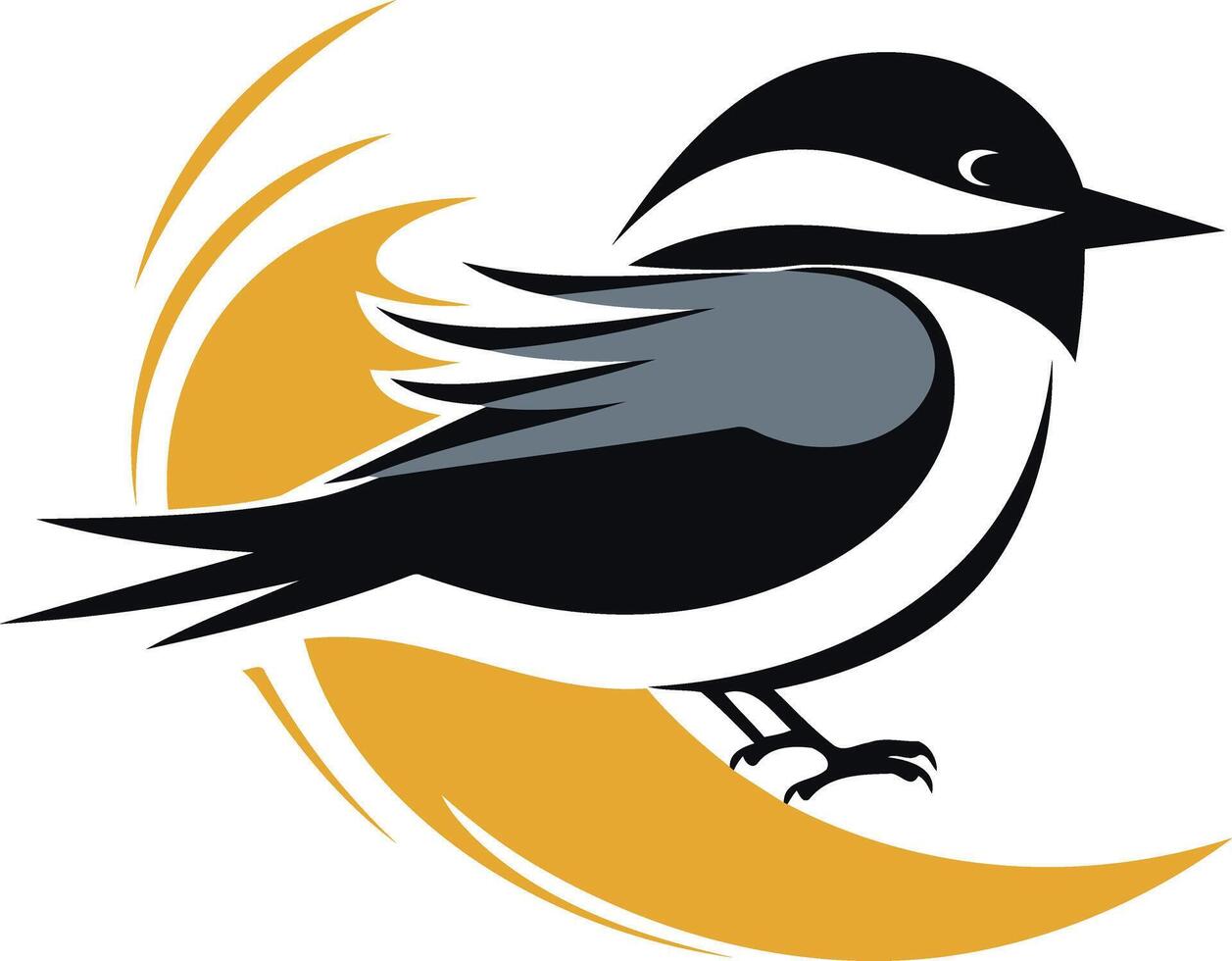 A stylized black and grey bird with a yellow sunburst design, perfect for a nature-themed brand or logo vector