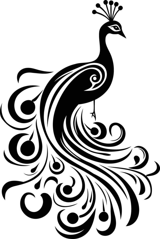 Elegant peacock silhouette with intricate tail feathers, perfect for tattoo designs, decor, or branding vector