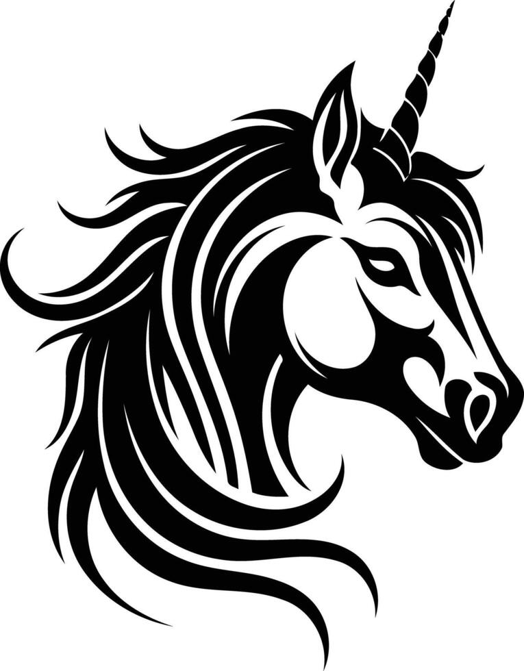 A bold and intricate black and white tattoo design of a unicorn head vector