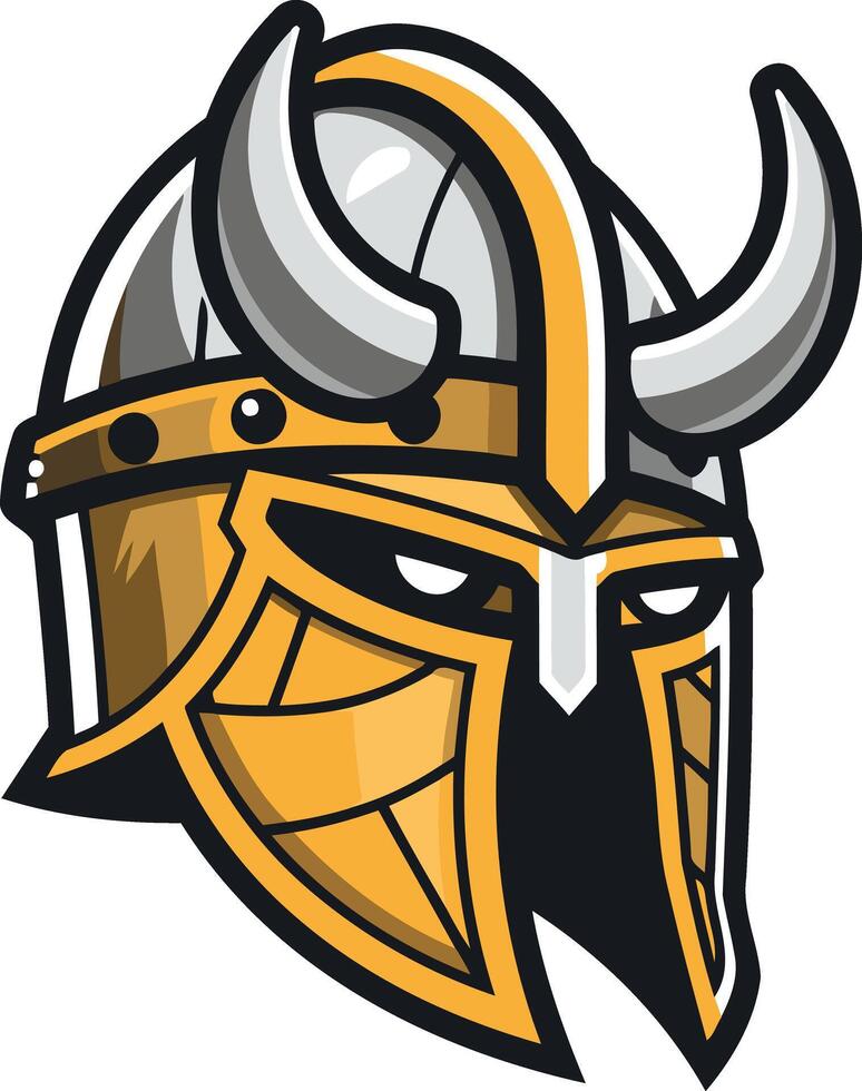 Fierce viking helmet logo design with gold and silver accents vector