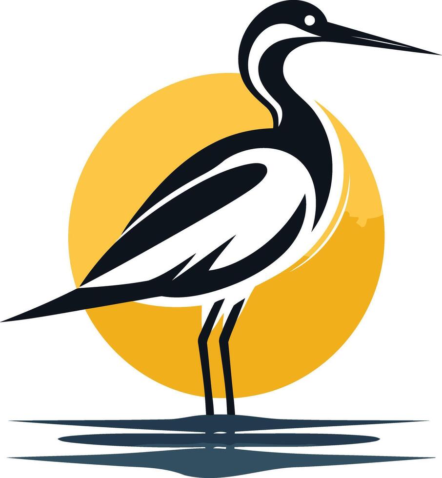 A stylized black and white heron silhouette stands on a yellow circle, representing the sun, over water vector