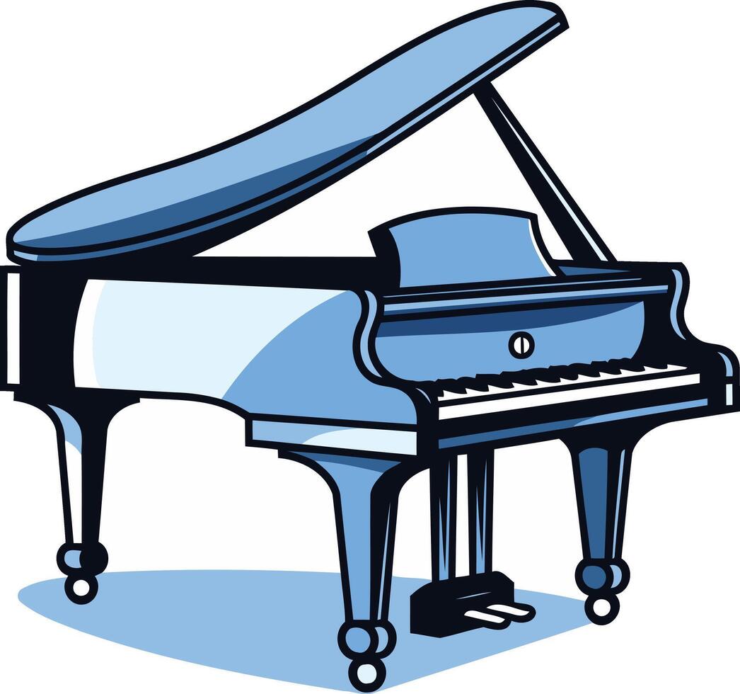 A classic blue grand piano with the lid open, ready for a performance vector