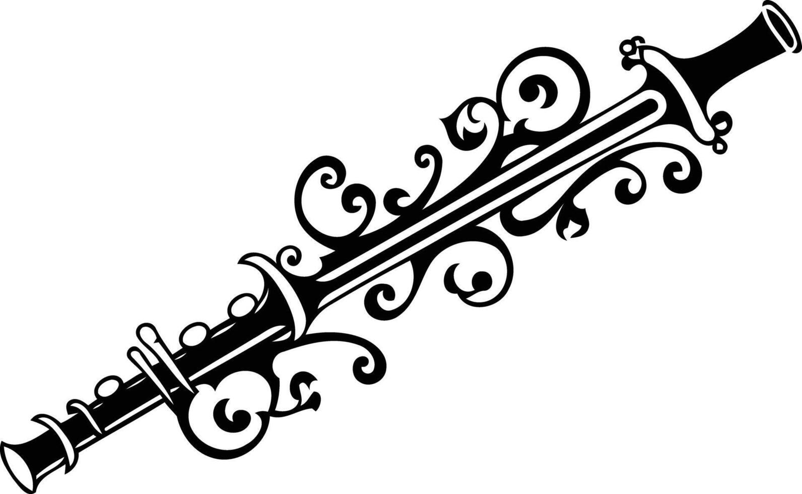 Black and white illustration of a stylized sword with intricate floral designs vector