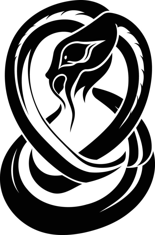 A striking black and white tattoo design featuring a coiled serpent with a fierce, detailed head vector