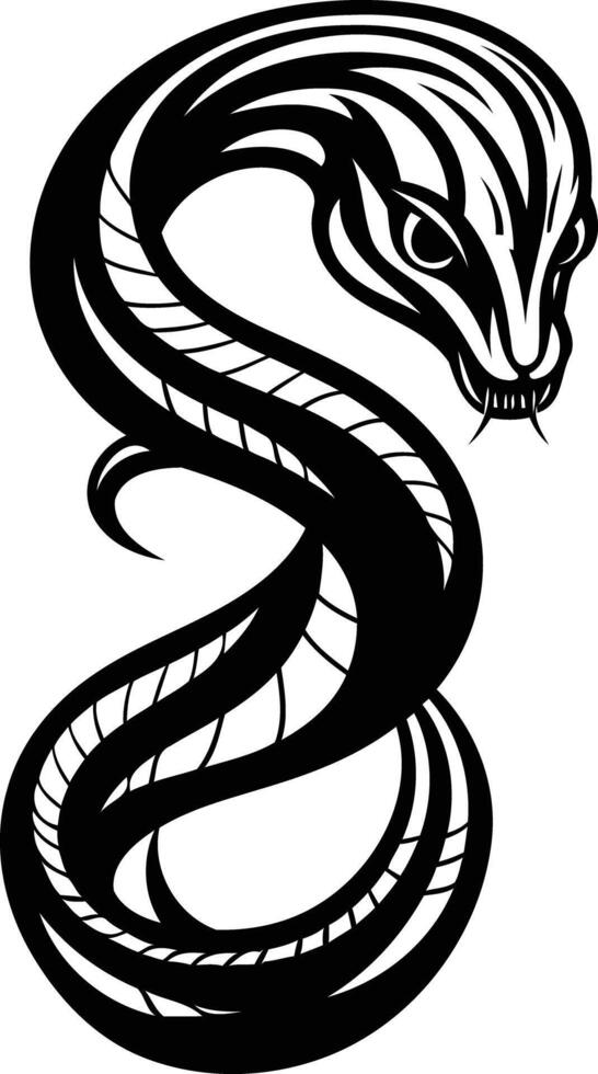 Black and white illustration of a coiled snake with intricate details, perfect for tattoo designs, t-shirts, or posters vector