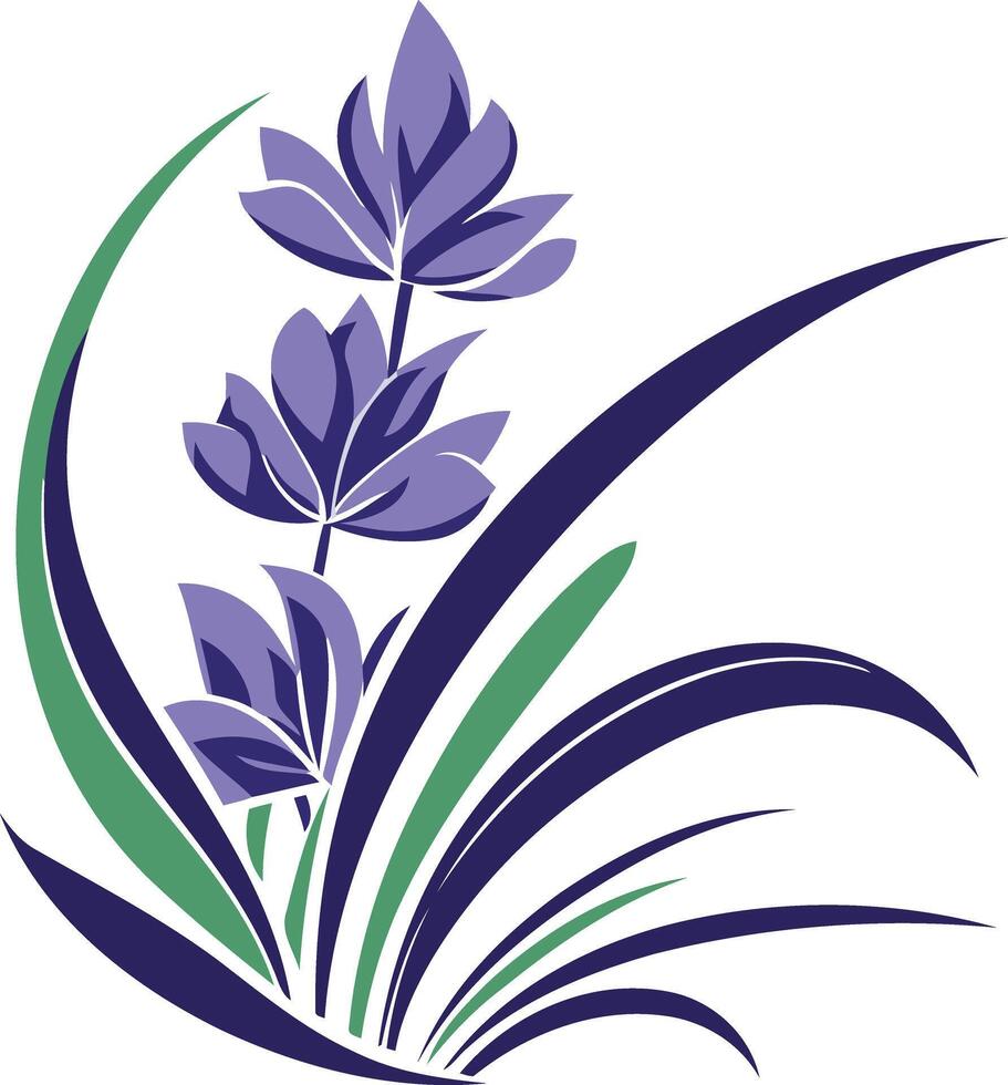 Elegant floral design with three purple flowers and green leaves, perfect for logo, branding, or decorative purposes vector