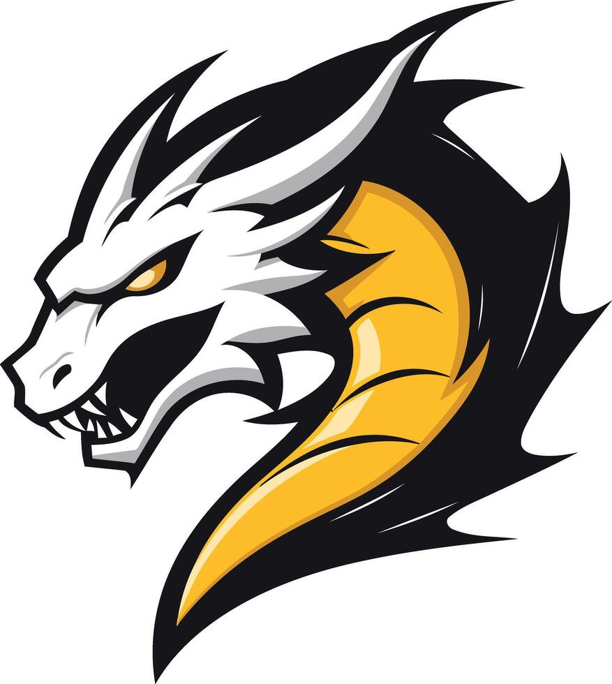 Fierce and powerful white dragon head logo design with black and gold accents vector