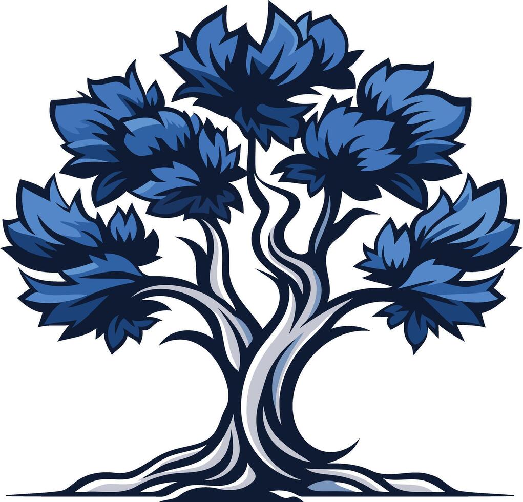 A stylized blue tree with a white trunk and roots, symbolizing growth, nature, and resilience vector