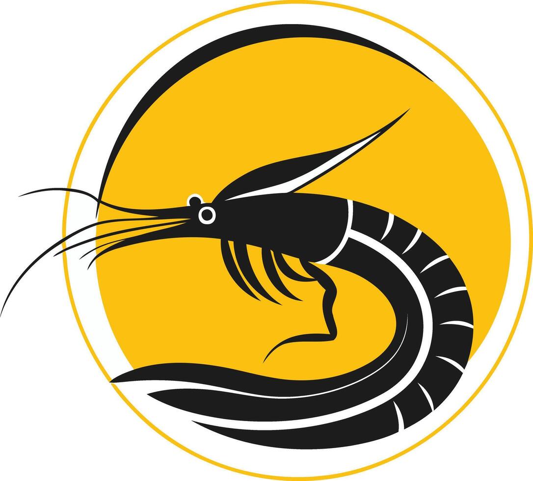 A stylized black shrimp design in a yellow circle, perfect for seafood restaurants, brands, and packaging vector