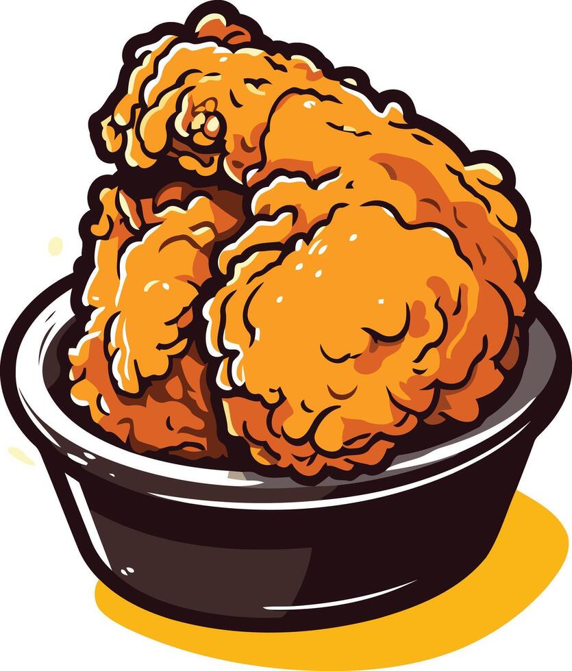 A cartoon illustration of a crispy fried chicken drumstick in a bowl, perfect for menu design, food blogs, and social media posts vector