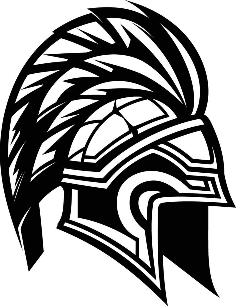 A bold, black and white illustration of a spartan helmet with a flowing plume vector