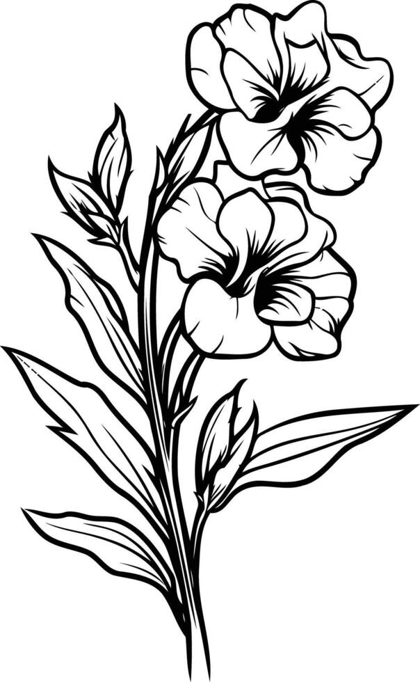 Elegant line art illustration of two delicate flowers with leaves vector