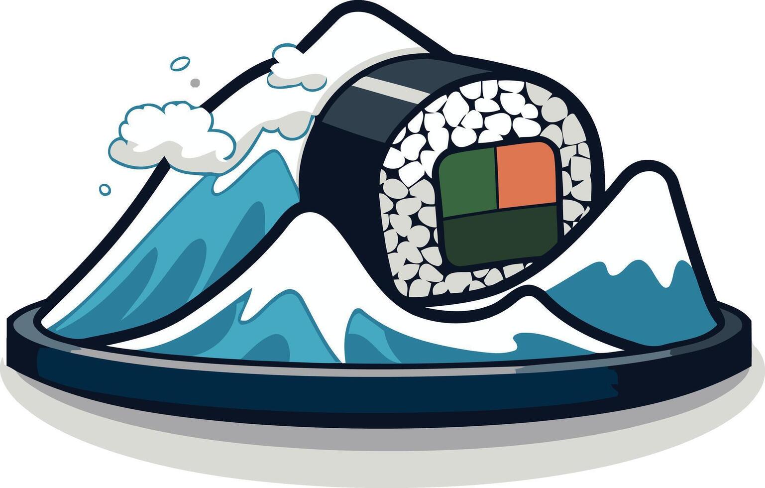 A playful and colorful illustration of a sushi roll nestled in a mountain range resembling mount fuji, perfect for branding, social media, or merchandise vector