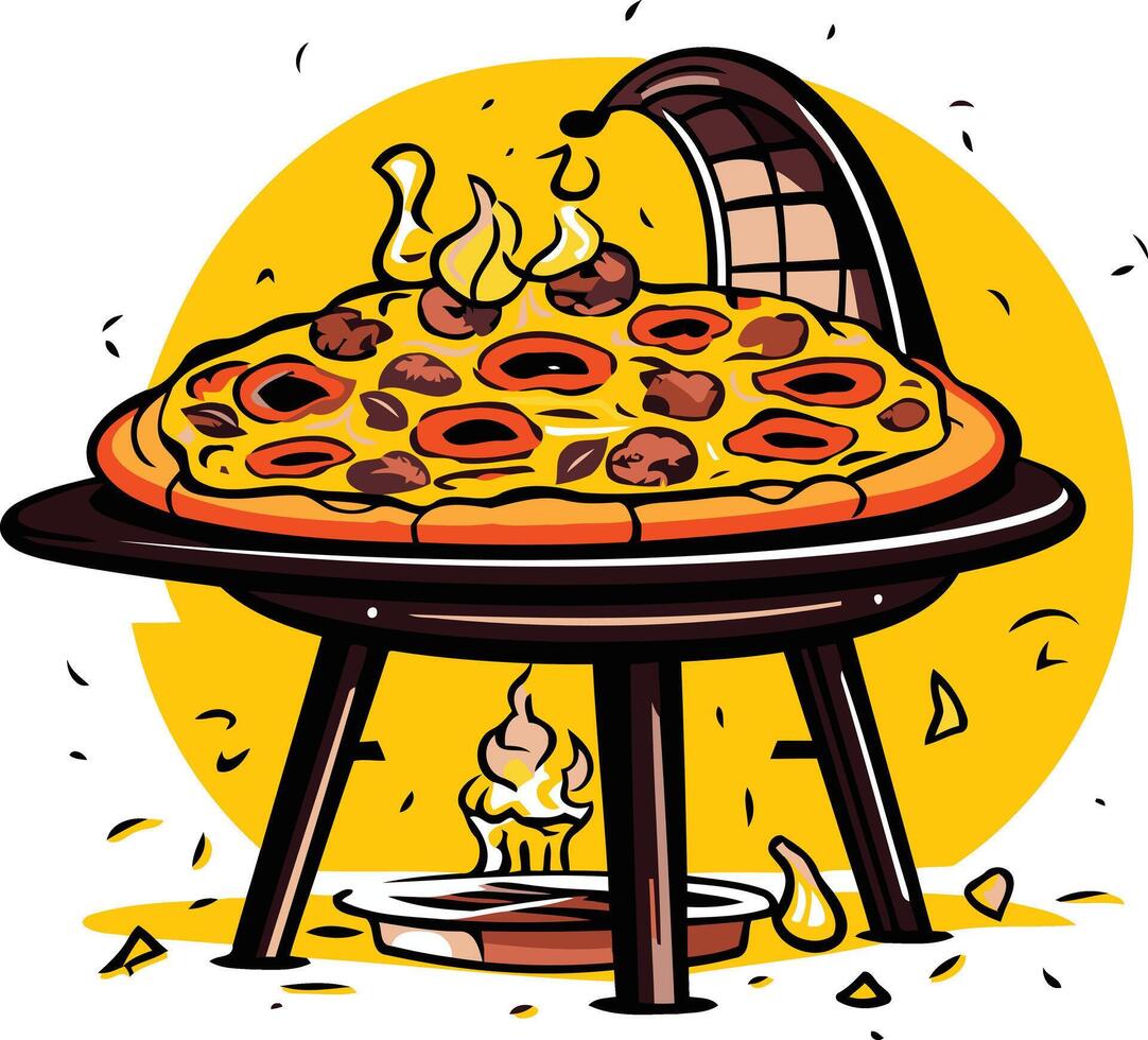 A delicious pizza cooking on a grill with flames underneath vector