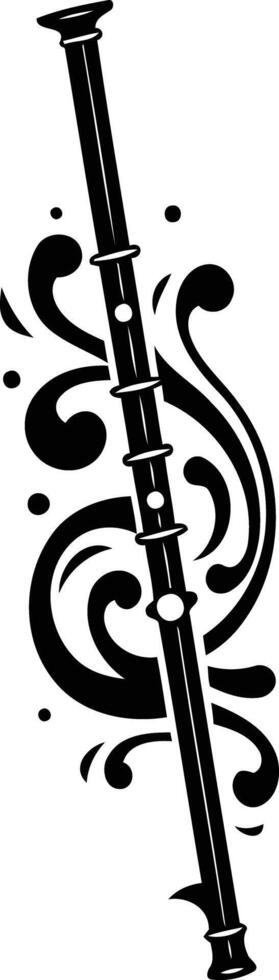 A stylized black and white illustration of a flute with intricate floral design vector