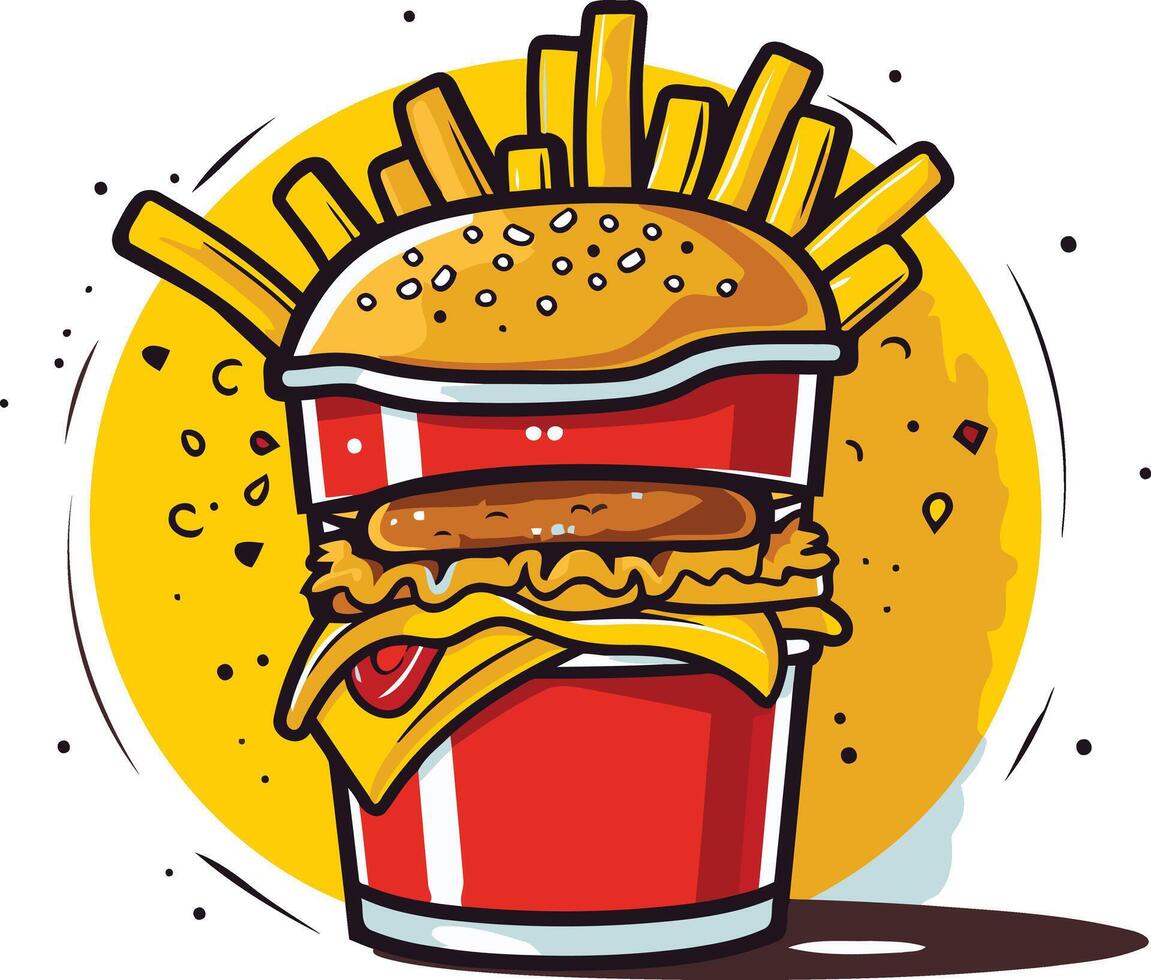 A cartoon burger with fries sticking out the top, placed inside a red cup vector