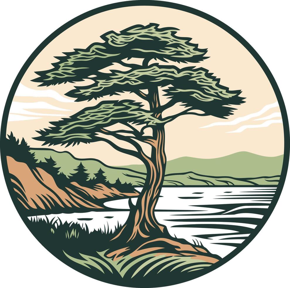 A beautiful vintage-style illustration of a lone tree overlooking a coastal landscape vector