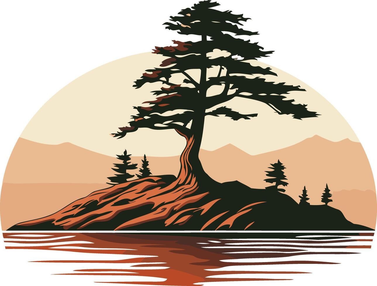 A solitary tree stands tall on a small island, surrounded by water and mountains vector