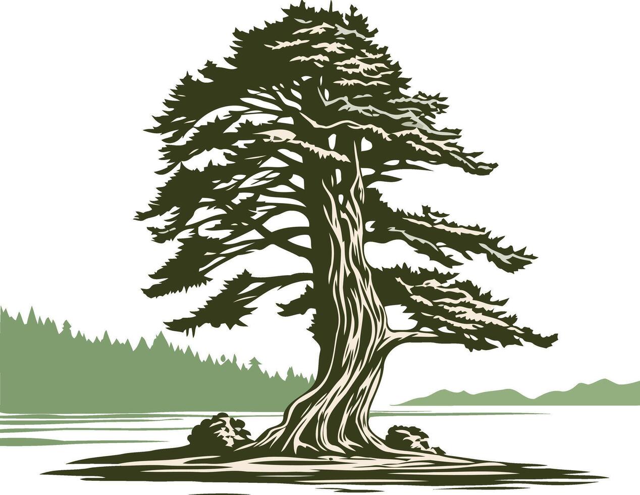 A majestic, stylized evergreen tree stands tall on an island, evoking a sense of strength and resilience vector