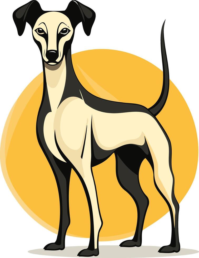 A sleek, stylized illustration of a greyhound dog standing against a simple yellow background vector