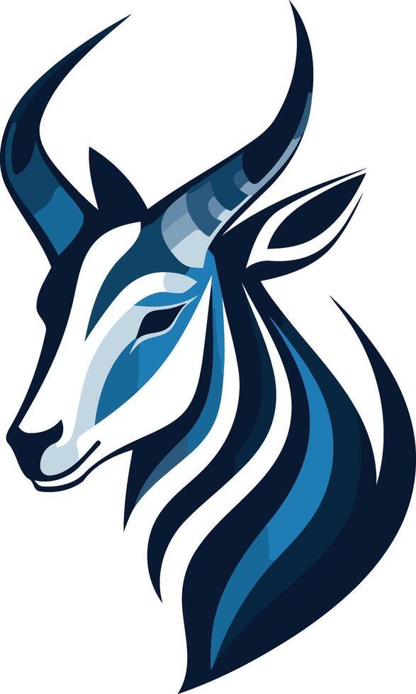 A stylized, abstract logo design featuring a blue and white antelope head vector