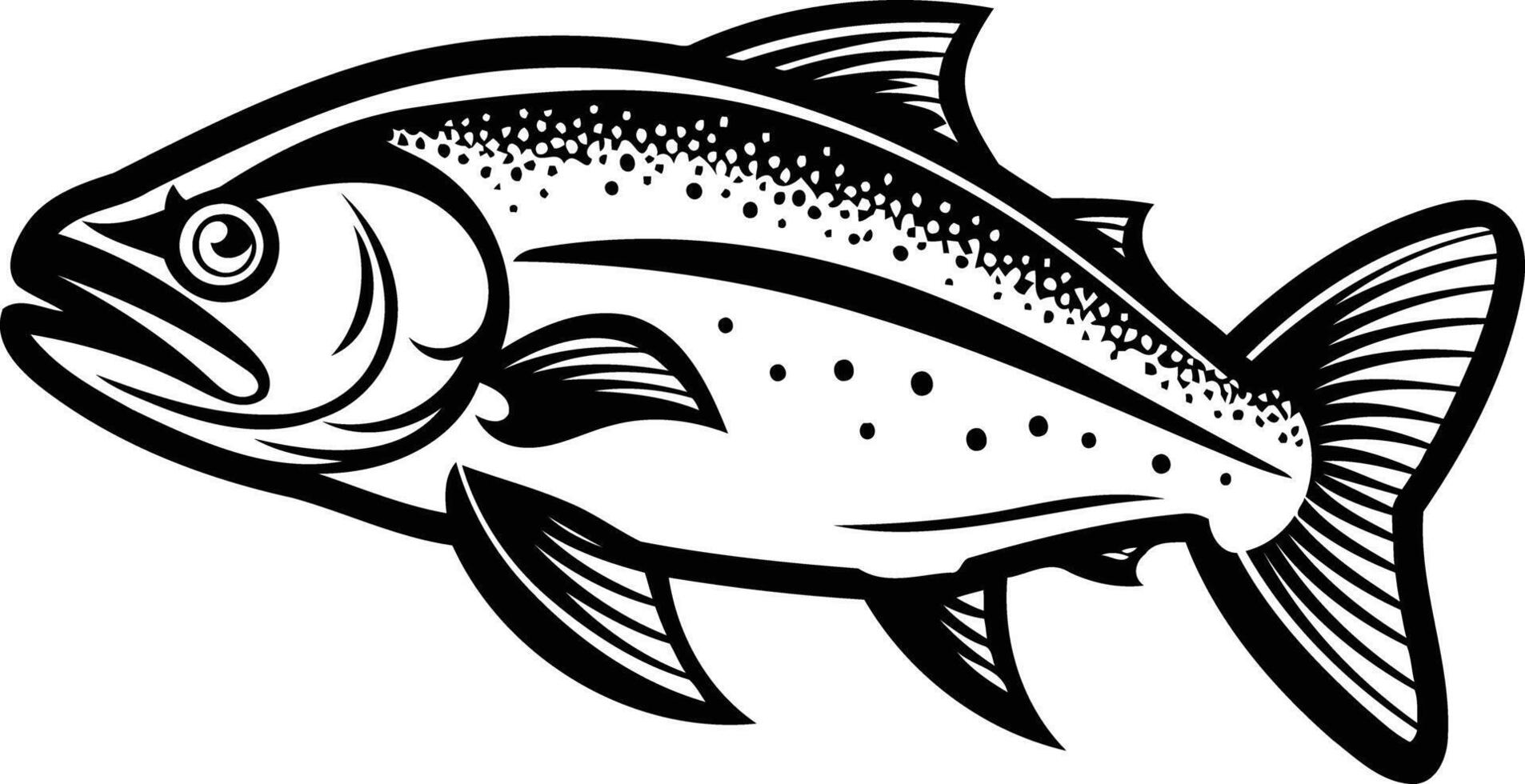 A bold and detailed black and white illustration of a salmon, perfect for branding, logos, or design projects related to fishing, seafood, and nature vector