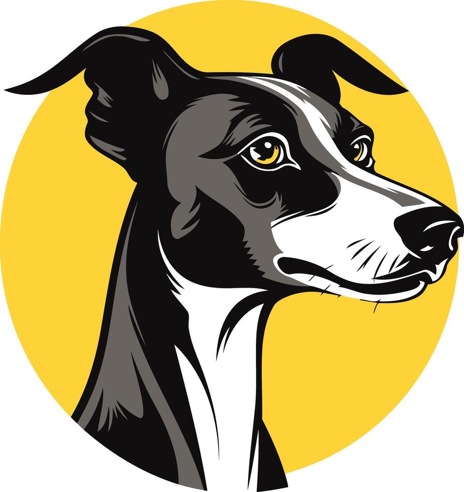 A charming black and white whippet dog portrait with a friendly expression, perfect for pet-related businesses, websites, or branding vector