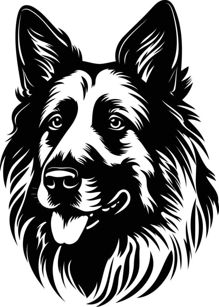 A striking black and white illustration of a german shepherd's head, capturing its noble and intelligent expression vector