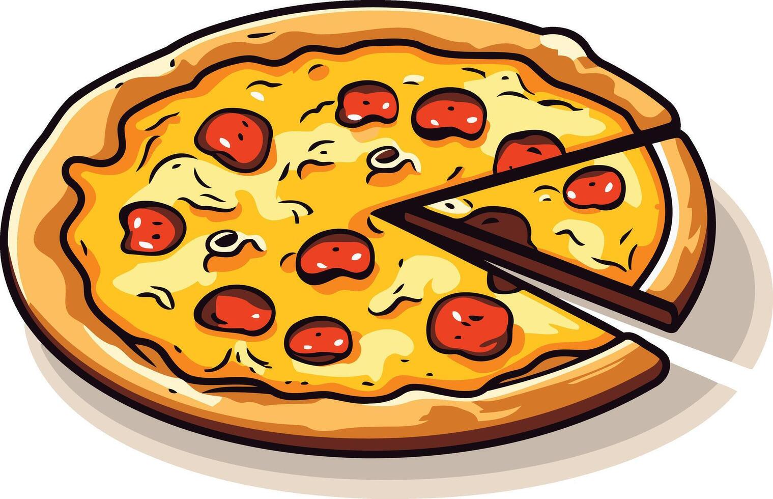 A delicious cartoon pepperoni pizza with a slice missing, perfect for restaurant menus, food blogs, and social media posts vector