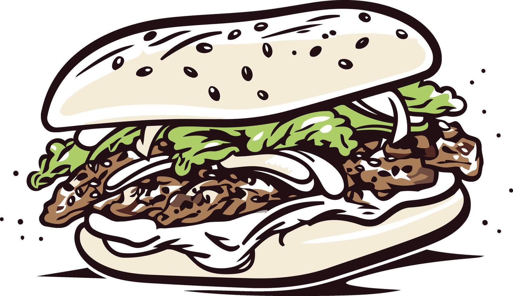 A delicious-looking cartoon illustration of a meaty sandwich, perfect for menus, food blogs, and social media posts vector