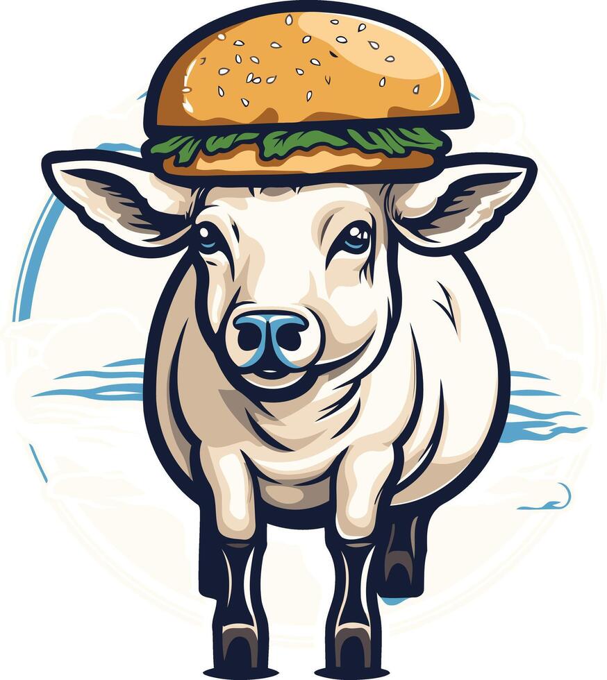 A humorous illustration of a cow wearing a burger as a hat, perfect for t-shirt designs, social media posts, and food-related projects vector