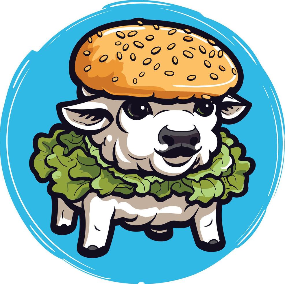 Cute cartoon lamb wearing a burger bun as a hat and lettuce as a collar vector