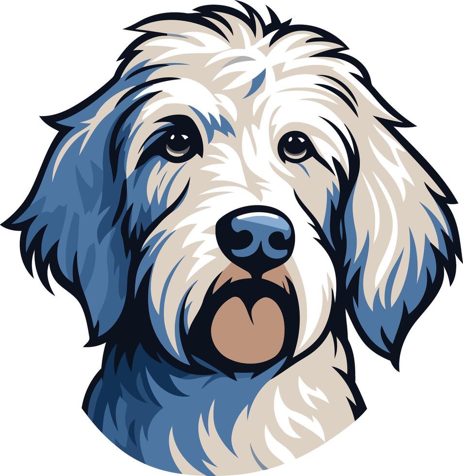 Charming illustration of a fluffy dog with blue eyes, perfect for pet related businesses, websites, and social media vector