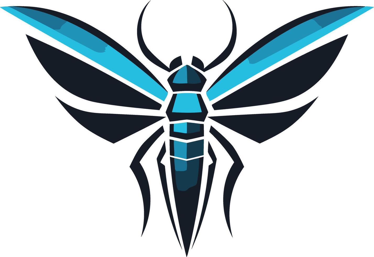 A bold and geometric insect logo design featuring a striking blue and black color scheme vector