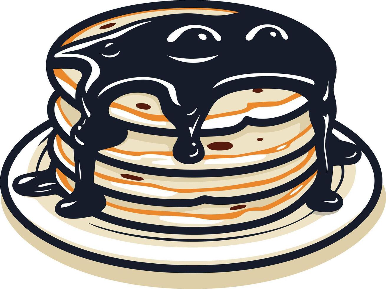 A stack of fluffy pancakes drizzled with rich chocolate syrup, perfect for breakfast menus, food blogs, and restaurant advertising vector